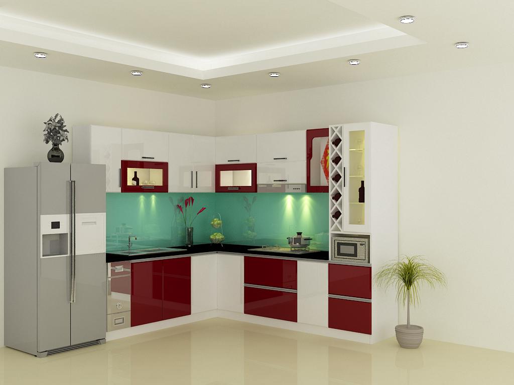 Tủ bếp Acrylic -Đỏ Đô ,Trắng ốp kính xanh nhạt 