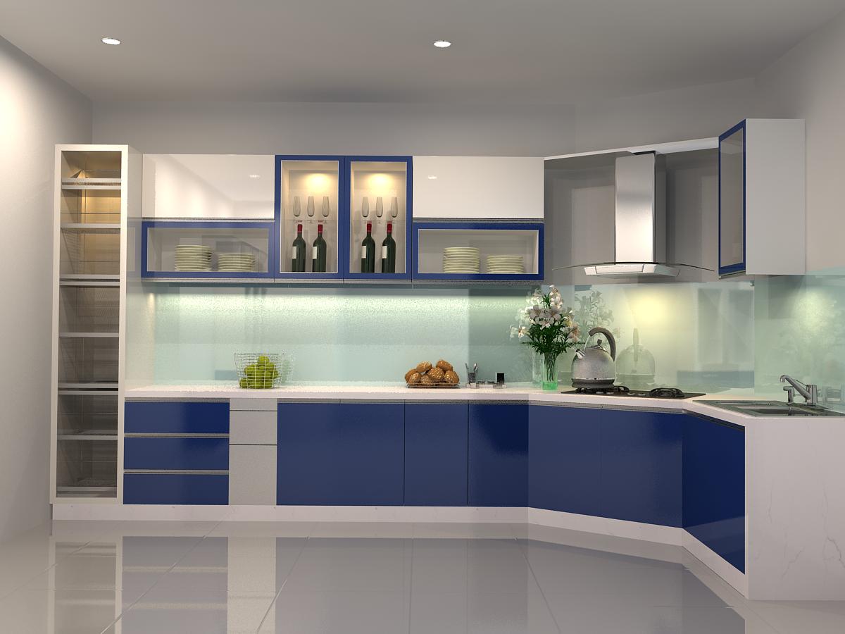 Tủ bếp MDF chống ẩm sơn PU màu xanh dương phối trắng 