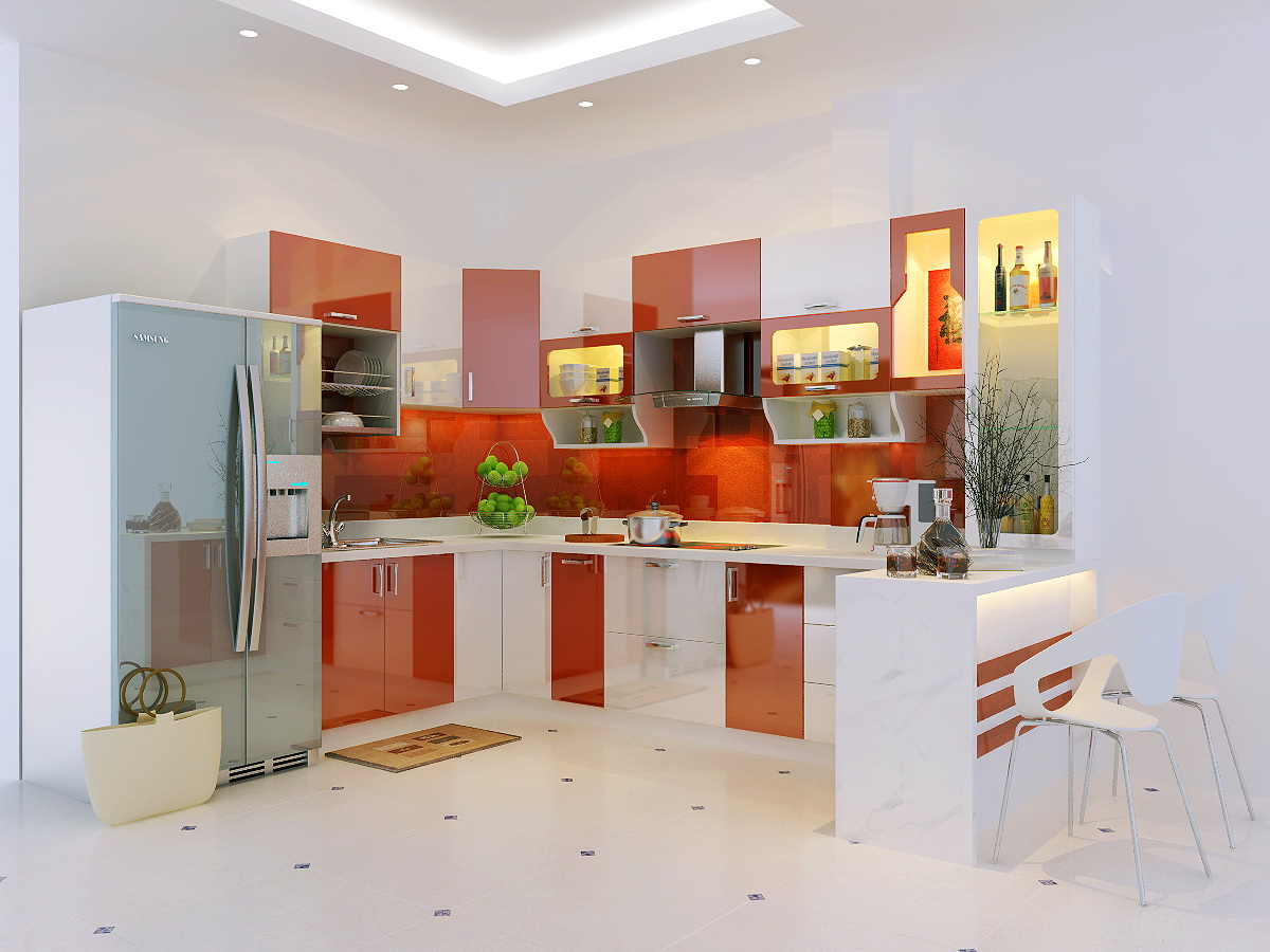 Tủ bếp MDF chống ẩm sơn PU trắng bóng phối với màu đỏ cam 