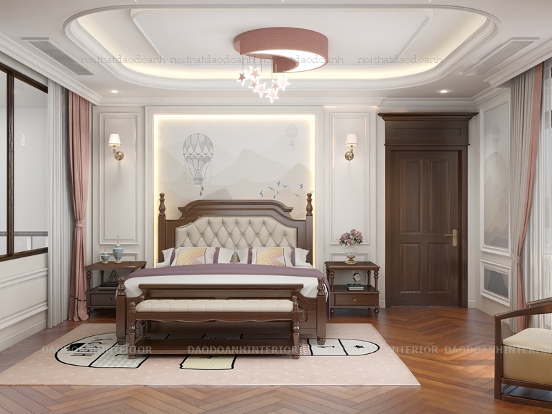 Giường tân cổ điển cao cấp GNTCD2385 là sự kết hợp hoàn hảo giữa chất liệu gỗ tự nhiên sồi và sơn Pu màu nâu sang trọng