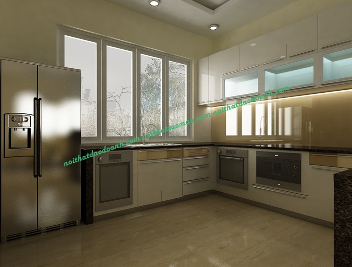 Nội thất phòng bếp với gam màu trắng pha phối hợp hệ thống đèn tự nhiên .