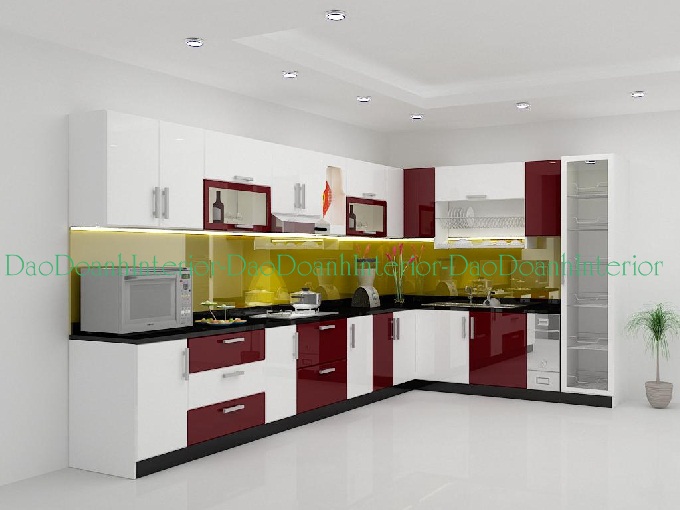 Nội thất phòng bếp với gam màu đỏ, trắng từ vật liệu Acrylic 