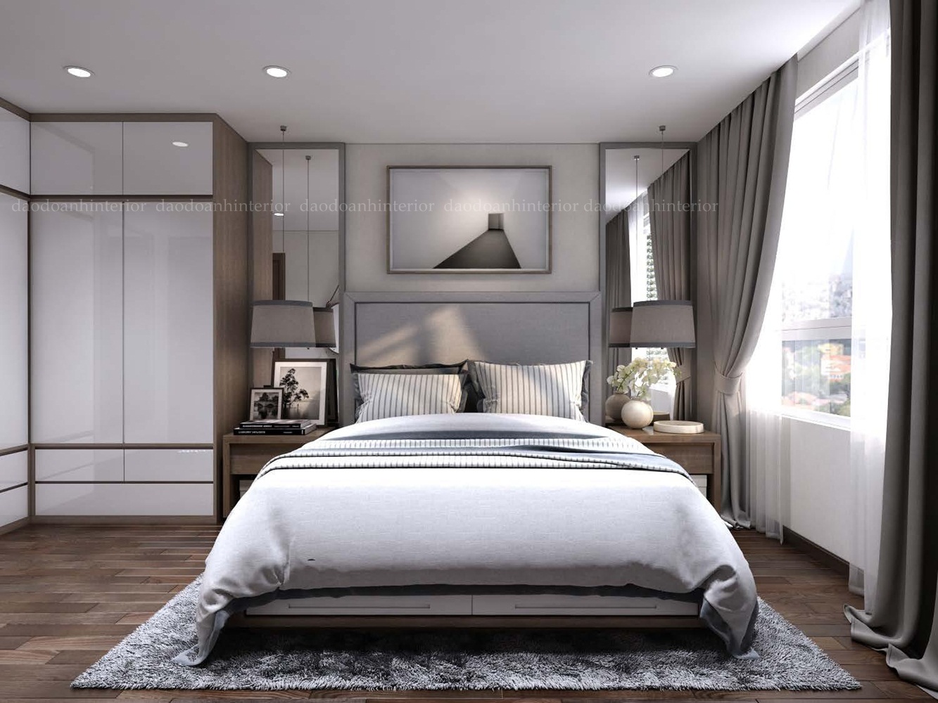 Mẫu thiết kế nội thất phòng ngủ với không gian sáng, tông màu chủ đạo là xám trắng.